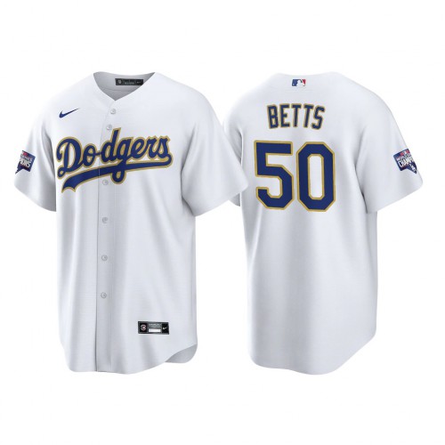 Los Angeles Los Angeles Dodgers #50 Mookie Betts Men's 2021 Gold Program World Series Champions Jersey Whtie Men's