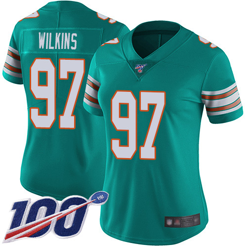 Miami Dolphins #97 Christian Wilkins Aqua Green Alternate Women's Stitched 100th Season Vapor Limited Jersey Womens