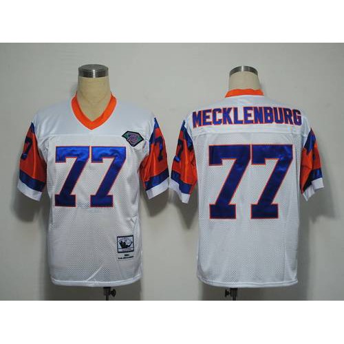 Mitchel and Ness Denver Broncos #77 Karl Mecklenburg White With 75 Anniversary Patch Stitched Throwback Jersey Men's