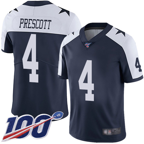 Cowboys #4 Dak Prescott Navy Blue Thanksgiving Youth Stitched 100th Season Vapor Throwback Limited Jersey