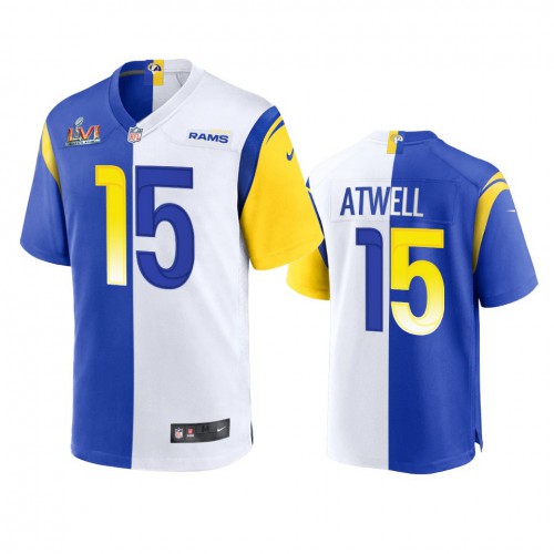 Los Angeles Los Angeles Rams #15 Tutu Atwell Men's Super Bowl LVI Patch Royal White Split Game Limited Jersey Men's