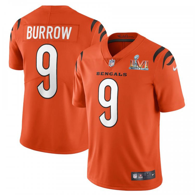 Cincinnati Bengals #9 Joe Burrow Orange Super Bowl LVI Patch Men's Alternate Vapor Limited Jersey
