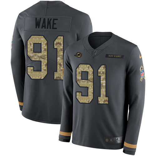 Miami Dolphins #91 Cameron Wake Anthracite Salute to Service Youth Stitched Limited Therma Long Sleeve Jersey Youth