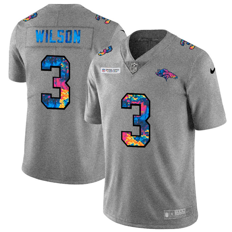 Denver Broncos #3 Russell Wilson Men's Multi-Color 2020 Crucial Catch Jersey Greyheather