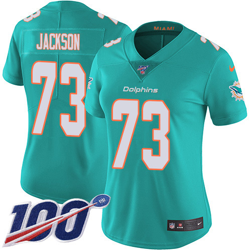 Miami Dolphins #73 Austin Jackson Aqua Green Team Color Women's Stitched 100th Season Vapor Untouchable Limited Jersey Womens