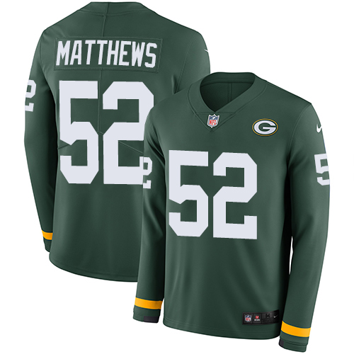 Green Bay Packers #52 Clay Matthews Green Team Color Men's Stitched Limited Therma Long Sleeve Jersey Men's