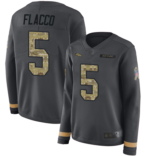 Denver Broncos #5 Joe Flacco Anthracite Salute to Service Women's Stitched Limited Therma Long Sleeve Jersey Womens