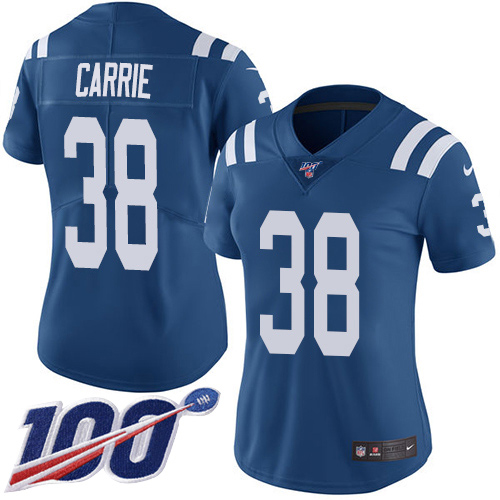 Indianapolis Colts #38 T.J. Carrie Royal Blue Team Color Women's Stitched 100th Season Vapor Untouchable Limited Jersey Womens