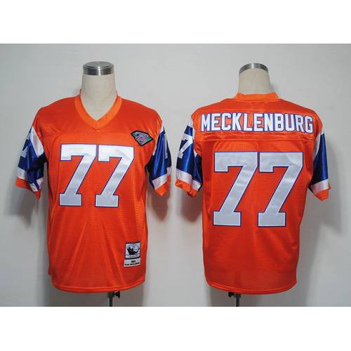 Mitchel and Ness Denver Broncos #77 Karl Mecklenburg Orange With 75 Anniversary Patch Stitched Throwback Jersey Men's