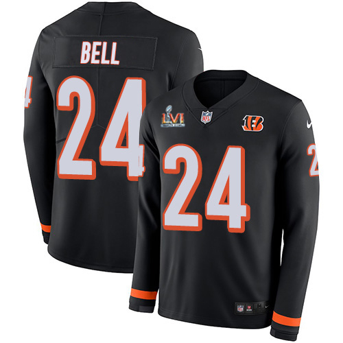 Cincinnati Bengals #24 Vonn Bell Black Team Color Super Bowl LVI Patch Youth Stitched Limited Therma Long Sleeve Jersey Youth
