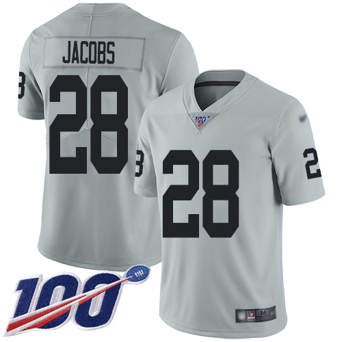 Raiders #28 Josh Jacobs Silver Youth Stitched Limited Inverted Legend 100th Season Jersey