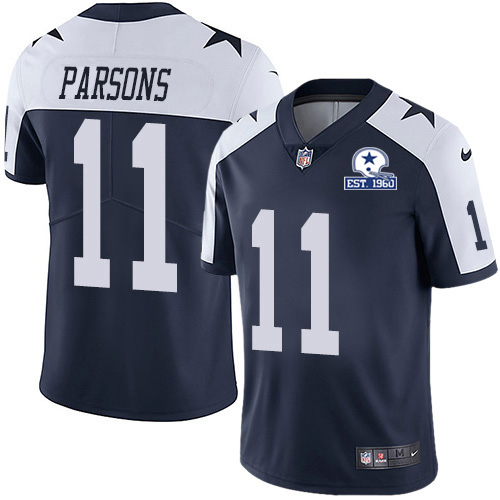 Cowboys #11 Micah Parsons Navy Blue Thanksgiving Men's Stitched With Established In 1960 Patch Vapor Untouchable Limited Throwback Jersey