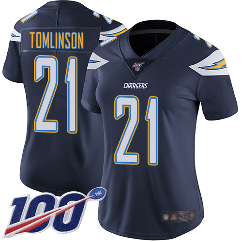 Chargers #21 LaDainian Tomlinson Navy Blue Team Color Women's Stitched 100th Season Vapor Limited Jersey