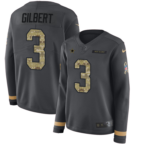 Dallas Cowboys #3 Garrett Gilbert Anthracite Salute to Service Women's Stitched Limited Therma Long Sleeve Jersey Womens