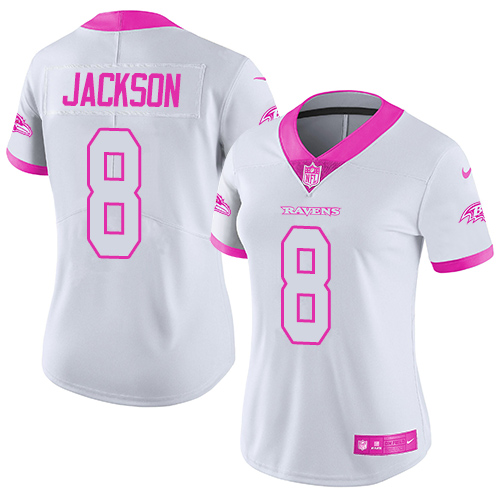 Ravens #8 Lamar Jackson White/Pink Women's Stitched Limited Rush Fashion Jersey