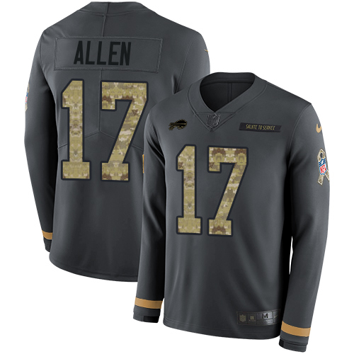 Bills #17 Josh Allen Anthracite Salute To Service Men's Stitched Limited Therma Long Sleeve Jersey