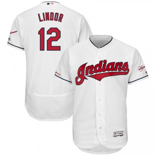Cleveland Guardians #12 Francisco Lindor Majestic Home 2019 All-Star Game Patch Flex Base Player Jersey White Men's