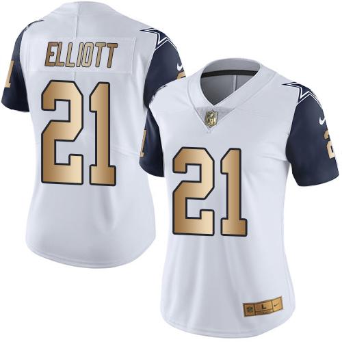 Cowboys #21 Ezekiel Elliott White Women's Stitched Limited Gold Rush Jersey