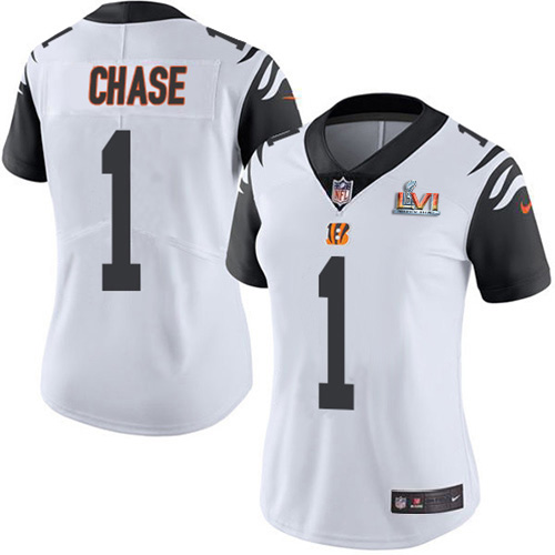 Bengals #1 Ja'Marr Chase White Super Bowl LVI Patch Women's Stitched Limited Rush Jersey