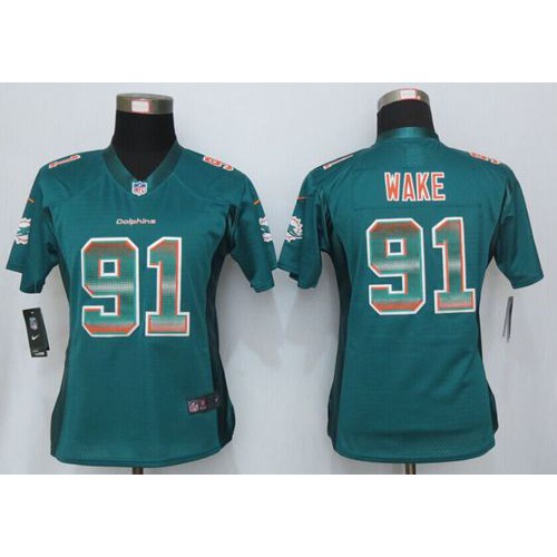 Miami Dolphins #91 Cameron Wake Aqua Green Team Color Women's Stitched Elite Strobe Jersey Womens
