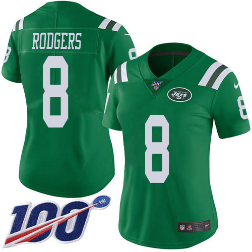 Jets #8 Aaron Rodgers Green Women's Stitched Limited Rush 100th Season Jersey