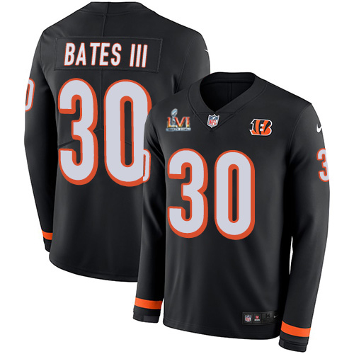 Bengals #30 Jessie Bates III Black Team Color Super Bowl LVI Patch Youth Stitched Limited Therma Long Sleeve Jersey