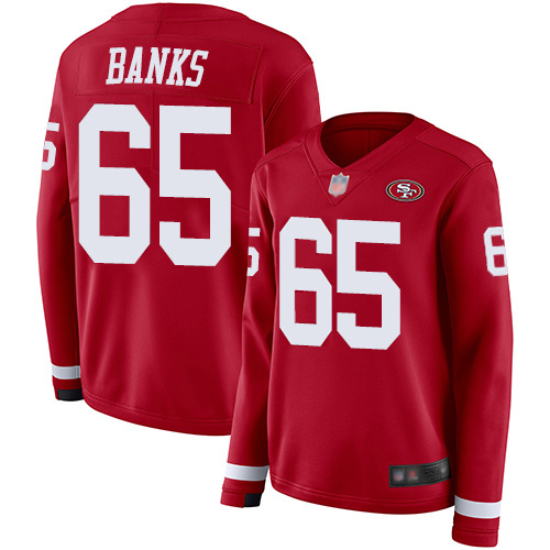 San Francisco 49ers #65 Aaron Banks Red Team Color Women's Stitched Limited Therma Long Sleeve Jersey Womens