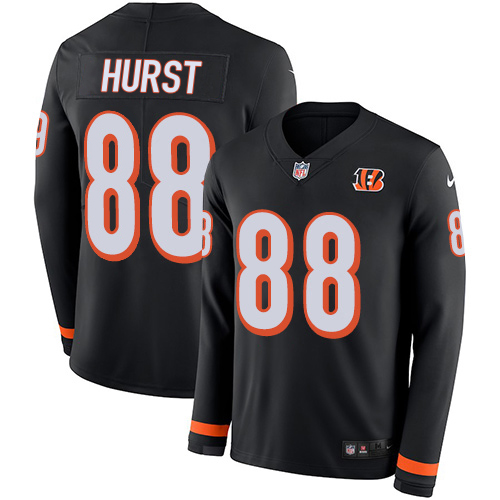 Bengals #88 Hayden Hurst Black Team Color Men's Stitched Limited Therma Long Sleeve Jersey