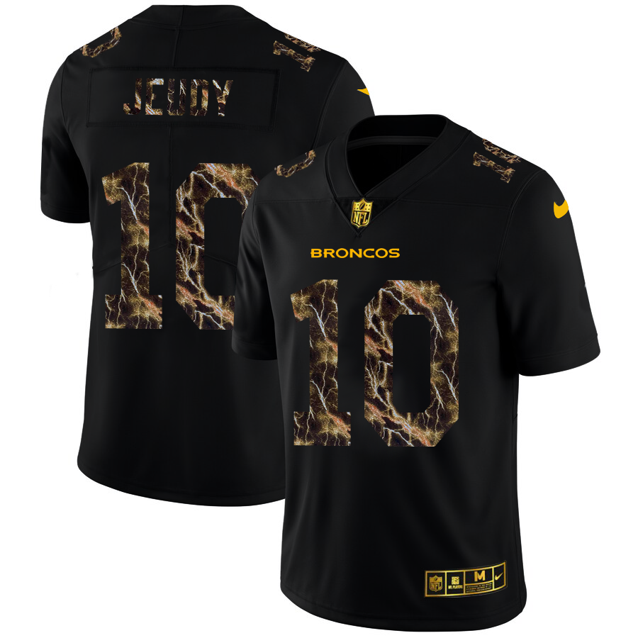 Denver Broncos #10 Jerry Jeudy Men's Black Flocked Lightning Vapor Limited Jersey