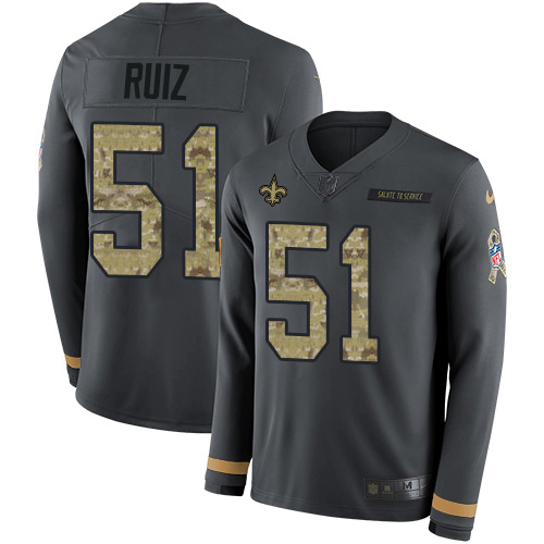 New Orleans Saints #51 Cesar Ruiz Anthracite Salute to Service Men's Stitched Limited Therma Long Sleeve Jersey Men's