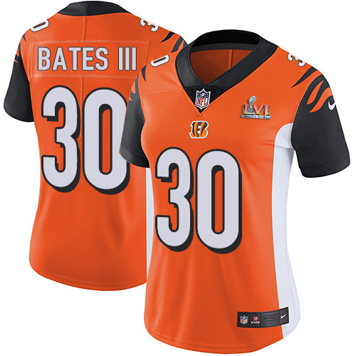Bengals #30 Jessie Bates III Orange Alternate Super Bowl LVI Patch Women's Stitched Vapor Untouchable Limited Jersey