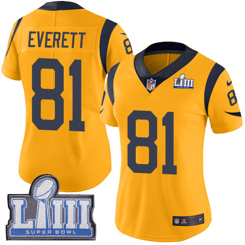 Los Angeles Rams #81 Gerald Everett Gold Super Bowl LIII Bound Women's Stitched Limited Rush Jersey Womens