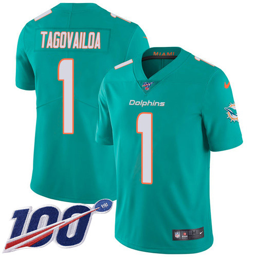 Dolphins #1 Tua Tagovailoa Aqua Green Team Color Men's Stitched 100th Season Vapor Untouchable Limited Jersey