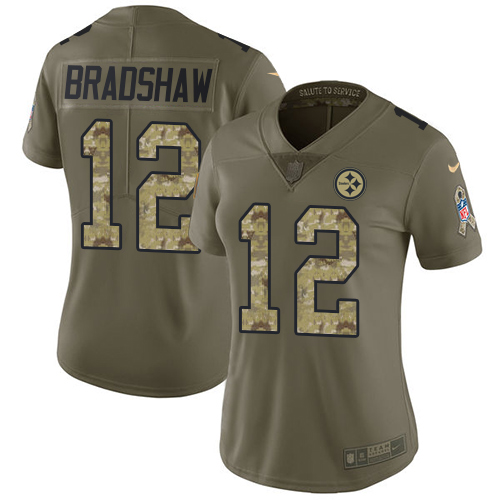 Steelers #12 Terry Bradshaw Olive/Camo Women's Stitched Limited 2017 Salute To Service Jersey
