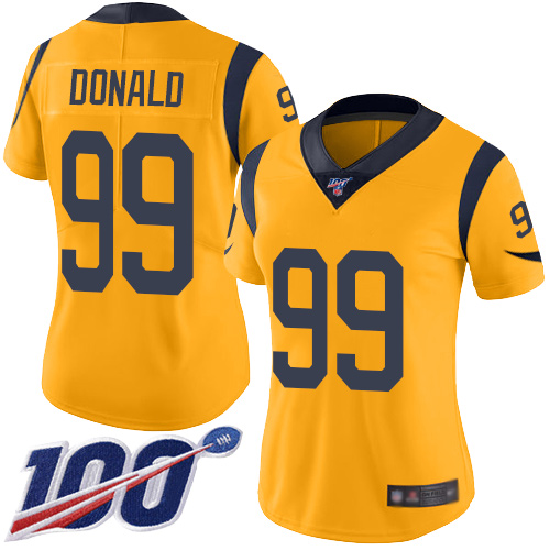 Rams #99 Aaron Donald Gold Women's Stitched Limited Rush 100th Season Jersey