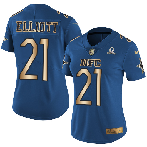 Cowboys #21 Ezekiel Elliott Navy Women's Stitched Limited Gold NFC 2017 Pro Bowl Jersey