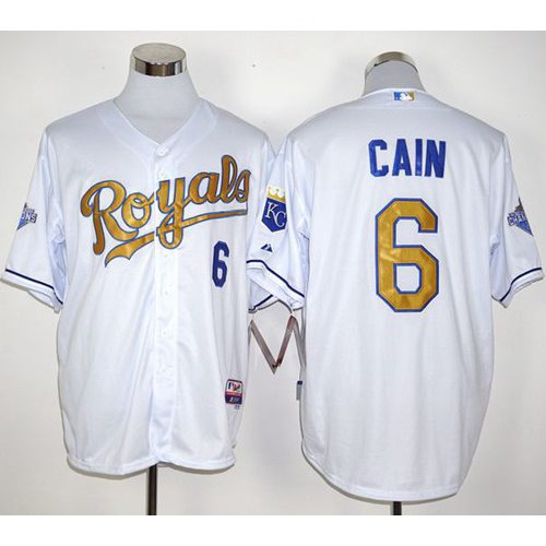 Kansas City Royals #6 Lorenzo Cain White 2015 World Series Champions Gold Program Stitched Jersey Men's