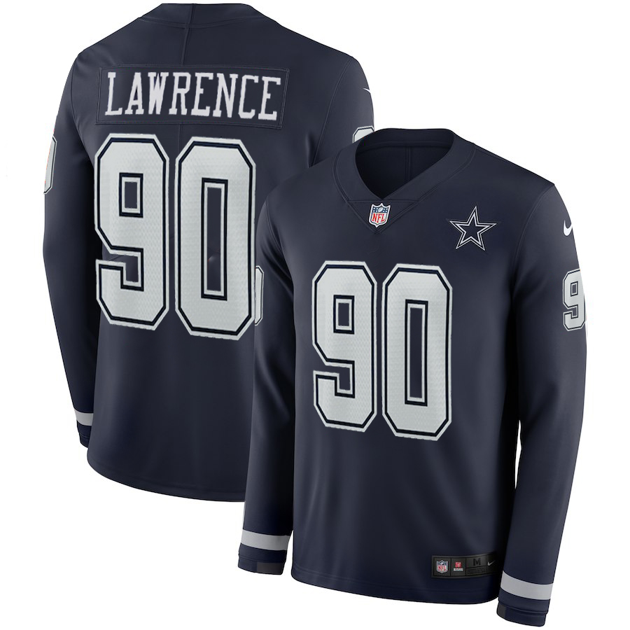 Men's Cowboys #90 Demarcus Lawrence Navy Blue Team Color Men's Stitched Limited Therma Long Sleeve Jersey