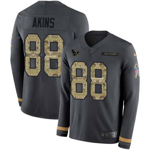 Houston Texans #88 Jordan Akins Anthracite Salute to Service Men's Stitched Limited Therma Long Sleeve Jersey Men's
