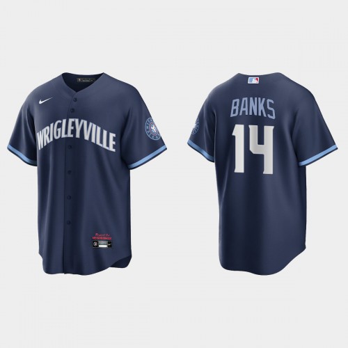 Chicago Chicago Cubs #14 Ernie Banks Men's 2021 City Connect Fans Version Navy Jersey Men's