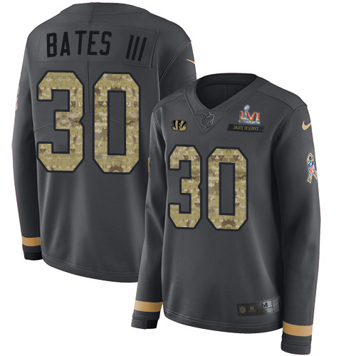 Bengals #30 Jessie Bates Anthracite Super Bowl LVI Patch Salute To Service Women's Stitched Limited Therma Long Sleeve Jersey
