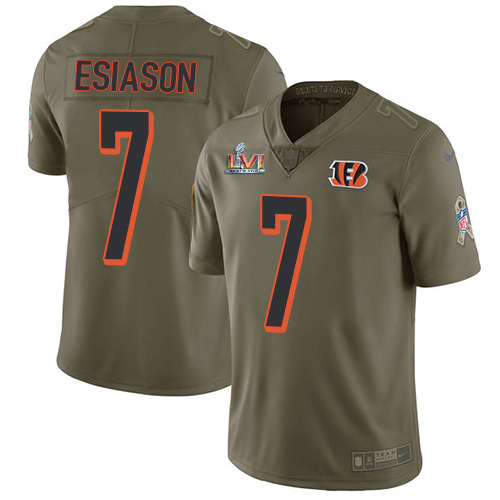 Cincinnati Bengals #7 Boomer Esiason Olive Super Bowl LVI Patch Men's Stitched Limited 2017 Salute To Service Jersey Men's