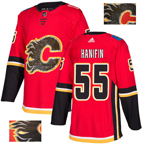 Adidas Calgary Flames #55 Noah Hanifin Red Home Authentic Fashion Gold Stitched Jersey Men's