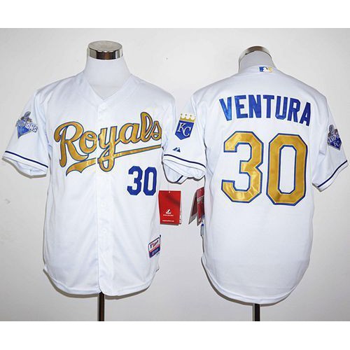 Kansas City Royals #30 Yordano Ventura White 2015 World Series Champions Gold Program Stitched Jersey Men's