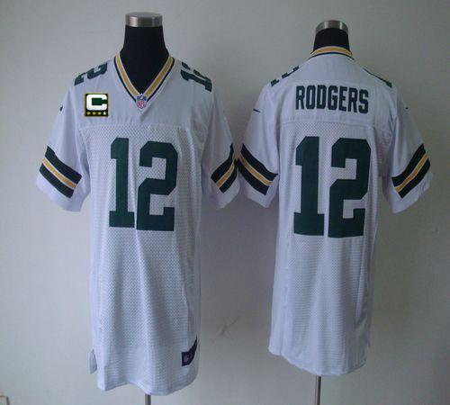 Packers #12 Aaron Rodgers White With C Patch Men's Stitched Elite Jersey