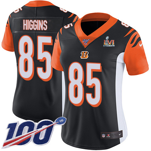 Bengals #85 Tee Higgins Black Team Color Super Bowl LVI Patch Women's Stitched 100th Season Vapor Untouchable Limited Jersey