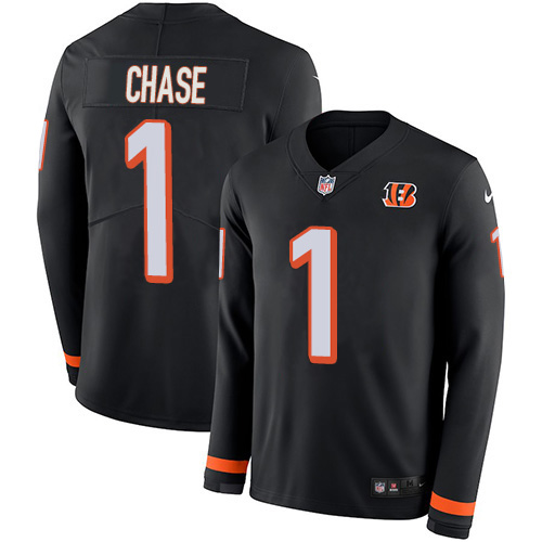 Bengals #1 Ja'Marr Chase Black Team Color Youth Stitched Limited Therma Long Sleeve Jersey