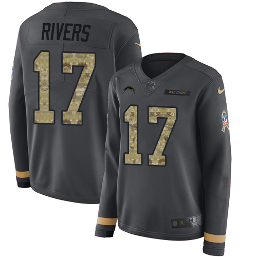 Los Angeles Chargers #17 Philip Rivers Anthracite Salute to Service Women's Stitched Limited Therma Long Sleeve Jersey Womens