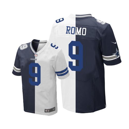 Dallas Cowboys #9 Tony Romo Navy Blue/White Men's Stitched Elite Split Jersey Men's