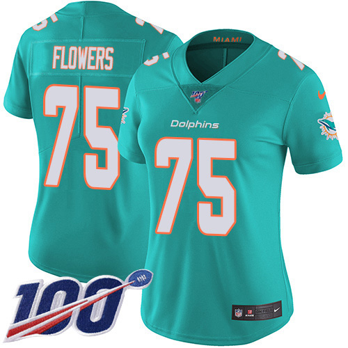 Miami Dolphins #75 Ereck Flowers Aqua Green Team Color Women's Stitched 100th Season Vapor Untouchable Limited Jersey Womens